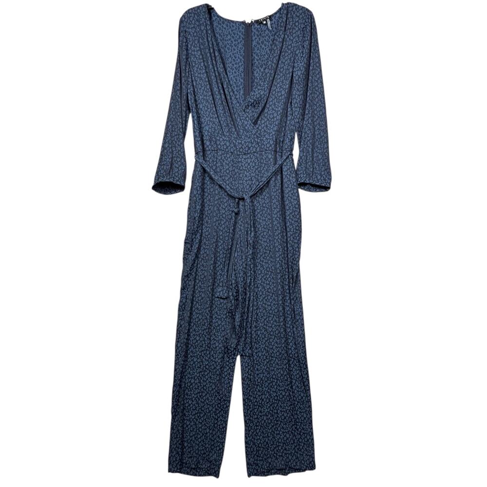 1. STATE Jumpsuit Womens 10 Blue Leopard Print Wrap Belted 3/4 Sleeve Wide Leg